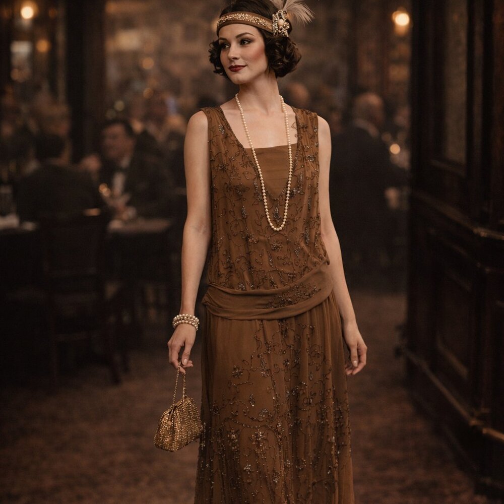 Antique 1920s Brown Beaded Flapper Evening Dress